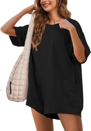 UANEO Rompers for Women Casual Oversized Athletic Jumpsuits Overalls Workout Hot Shot Tee Romper