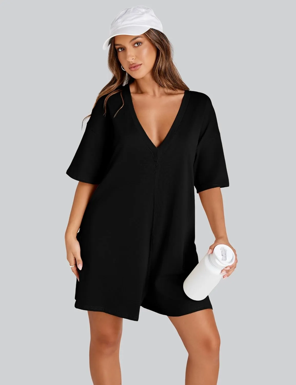UANEO Rompers for Women Casual Oversized Athletic Jumpsuits Overalls Workout Hot Shot Tee Romper