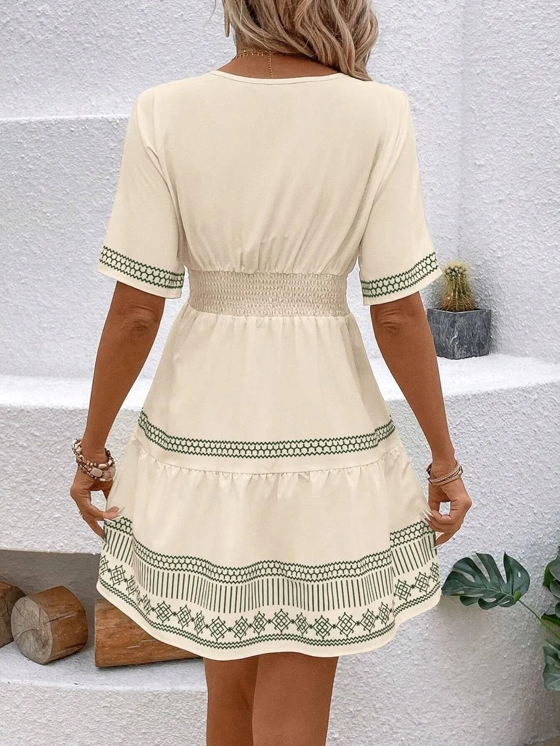Urchics Summer Dress Women's Vacation V-Neck Floral Print Ruffle Hem Short Dress, Summer Beach Resort Wear