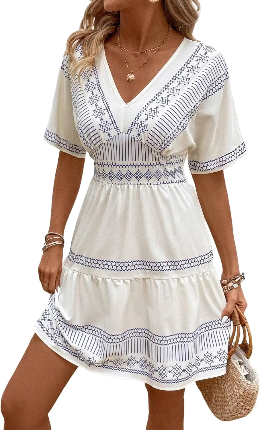 Urchics Summer Dress Women's Vacation V-Neck Floral Print Ruffle Hem Short Dress, Summer Beach Resort Wear