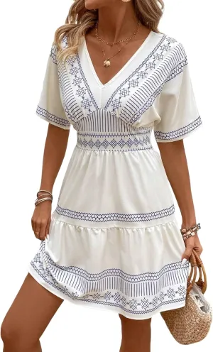 Urchics Summer Dress Women's Vacation V-Neck Floral Print Ruffle Hem Short Dress, Summer Beach Resort Wear