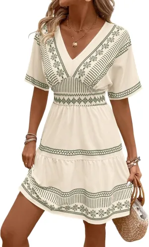 Urchics Summer Dress Women's Vacation V-Neck Floral Print Ruffle Hem Short Dress, Summer Beach Resort Wear