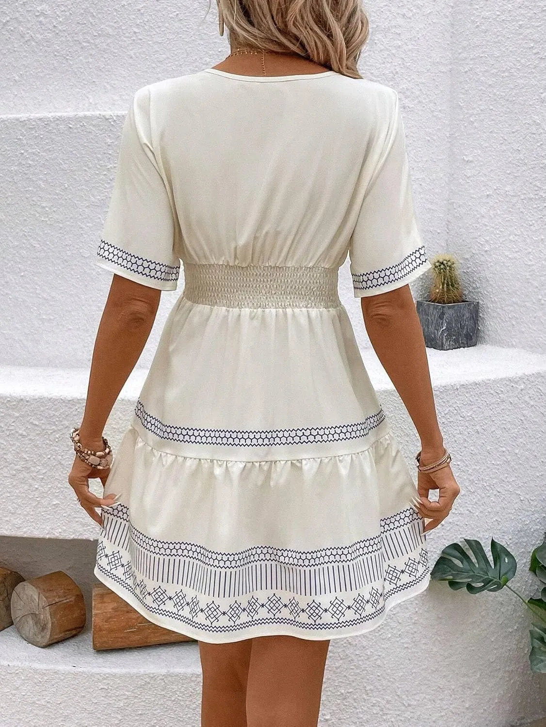 Urchics Summer Dress Women's Vacation V-Neck Floral Print Ruffle Hem Short Dress, Summer Beach Resort Wear