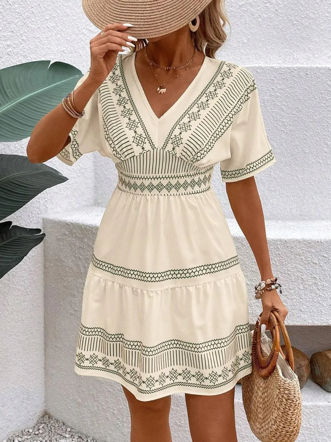 Urchics Summer Dress Women's Vacation V-Neck Floral Print Ruffle Hem Short Dress, Summer Beach Resort Wear