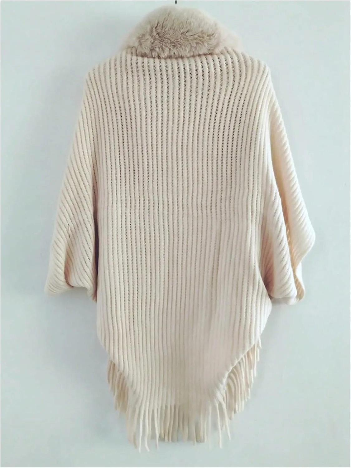 Verdusa Women's Faux Fur Collared Poncho Sweater Chunky Knit Fringe Shawl Wraps