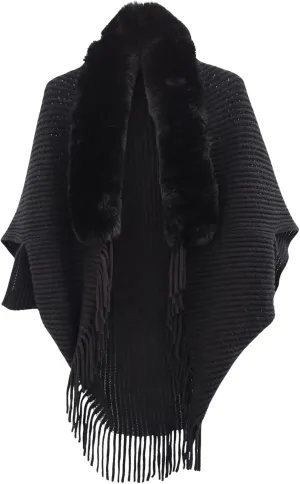 Verdusa Women's Faux Fur Collared Poncho Sweater Chunky Knit Fringe Shawl Wraps