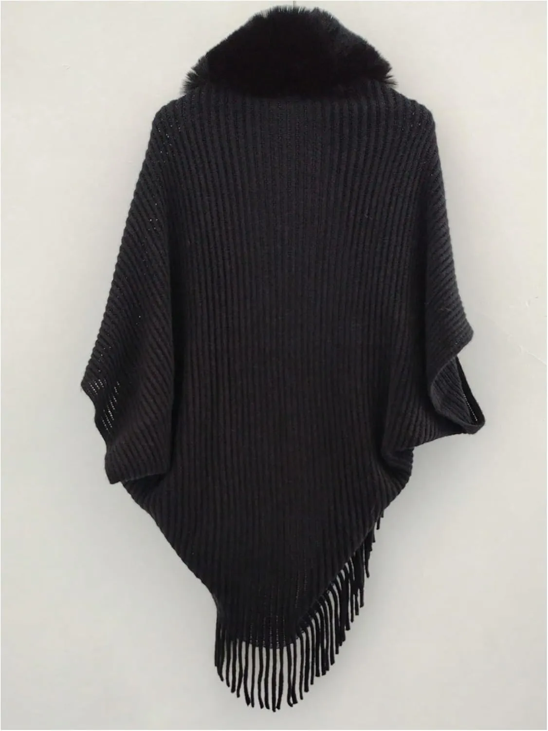 Verdusa Women's Faux Fur Collared Poncho Sweater Chunky Knit Fringe Shawl Wraps