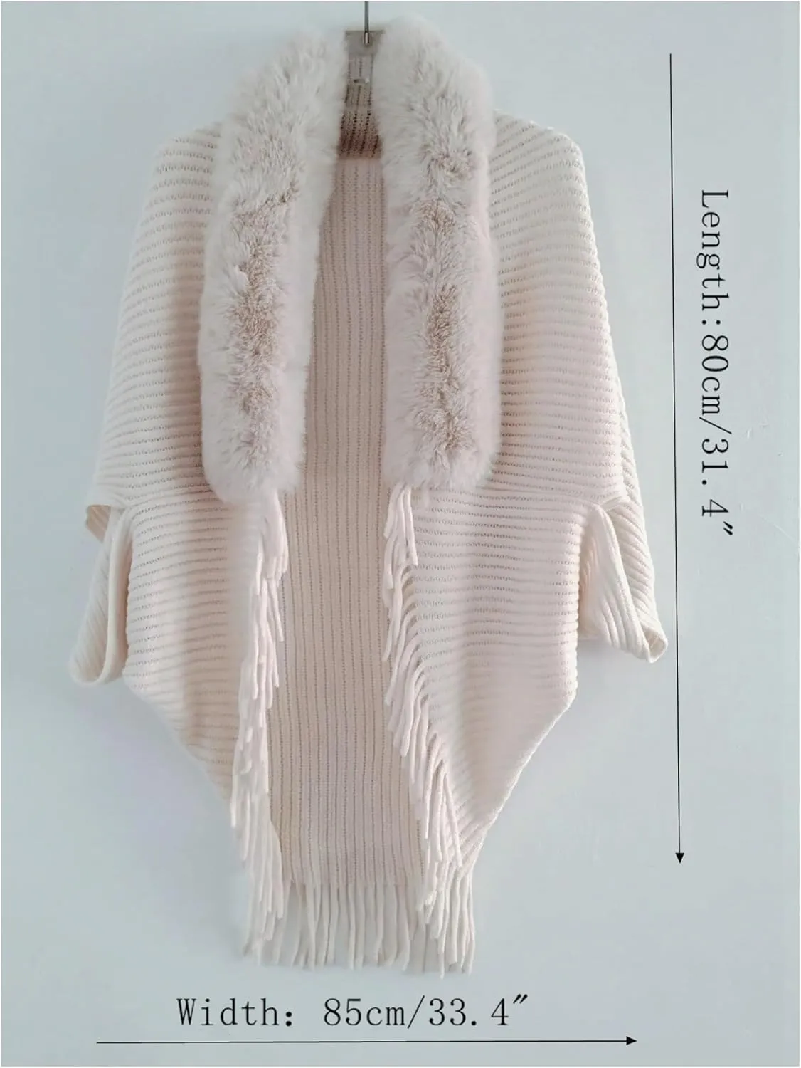 Verdusa Women's Faux Fur Collared Poncho Sweater Chunky Knit Fringe Shawl Wraps