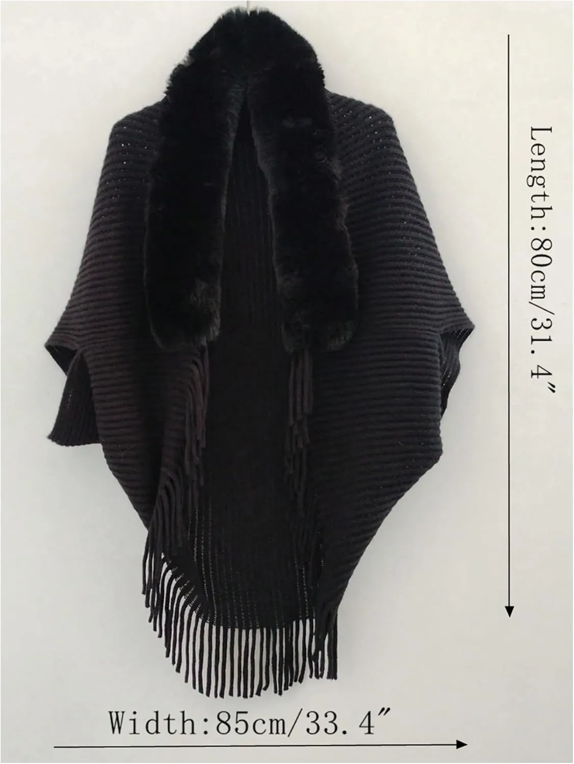 Verdusa Women's Faux Fur Collared Poncho Sweater Chunky Knit Fringe Shawl Wraps