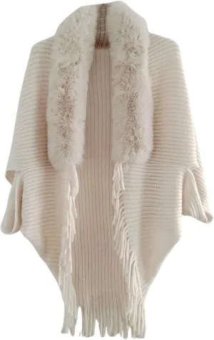Verdusa Women's Faux Fur Collared Poncho Sweater Chunky Knit Fringe Shawl Wraps