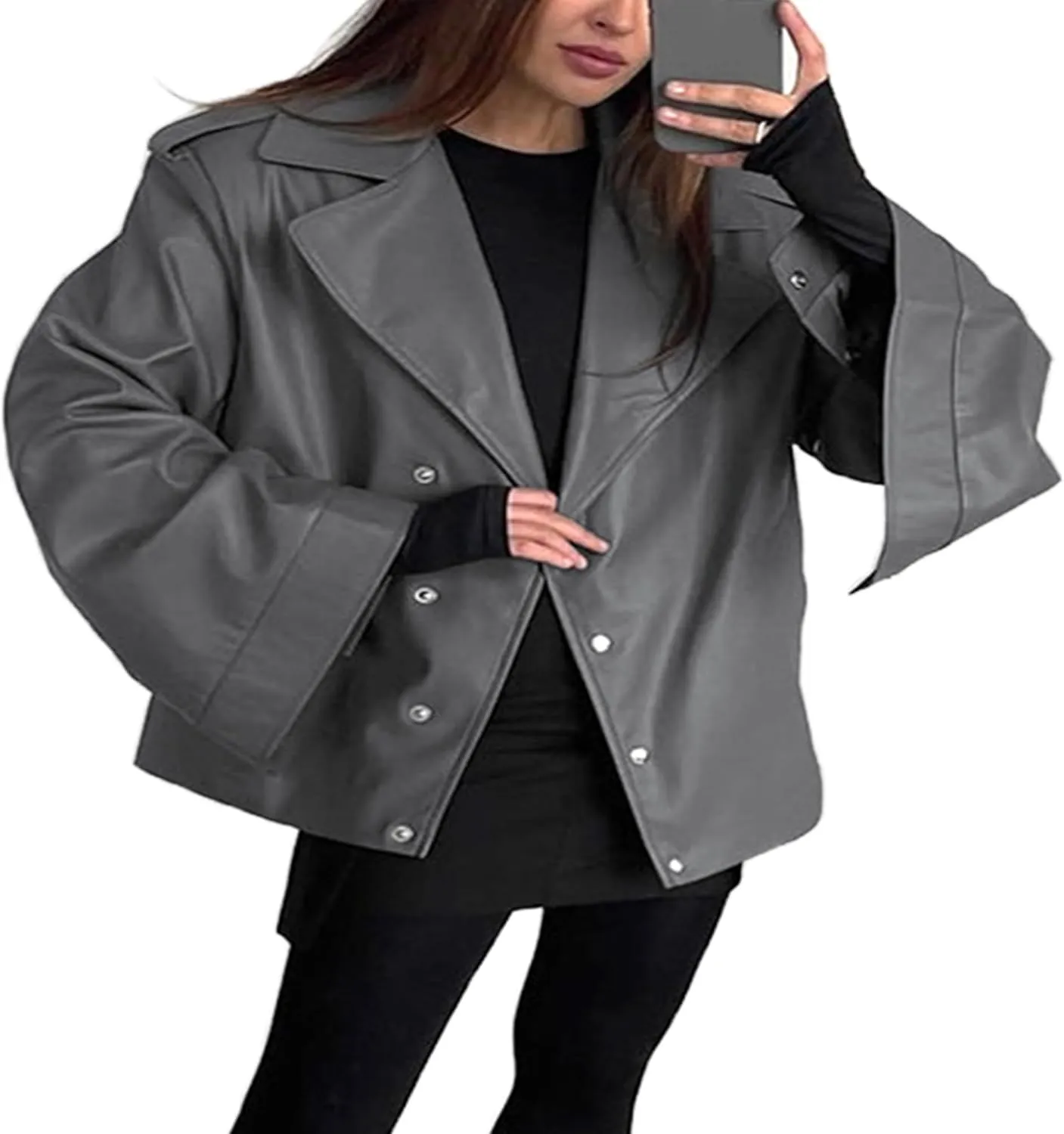 VOIKERDR Womens Oversized Faux Leather Jackets Moto Jackets Pu Leather Blazer Biker Jacket Outerwear