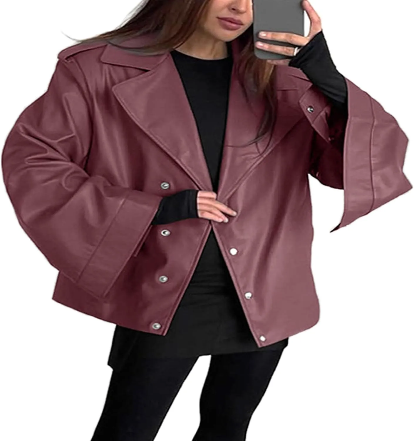 VOIKERDR Womens Oversized Faux Leather Jackets Moto Jackets Pu Leather Blazer Biker Jacket Outerwear