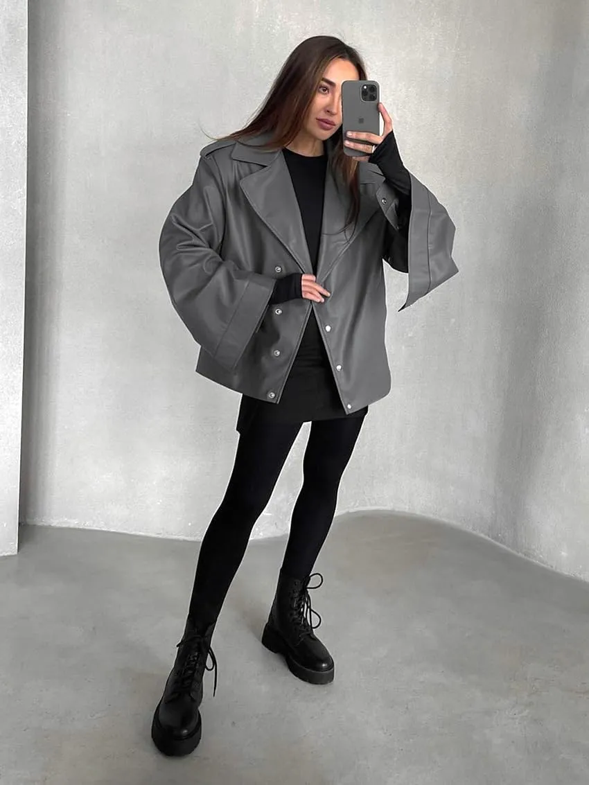 VOIKERDR Womens Oversized Faux Leather Jackets Moto Jackets Pu Leather Blazer Biker Jacket Outerwear
