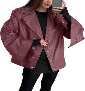 VOIKERDR Womens Oversized Faux Leather Jackets Moto Jackets Pu Leather Blazer Biker Jacket Outerwear
