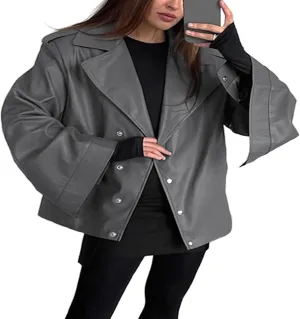 VOIKERDR Womens Oversized Faux Leather Jackets Moto Jackets Pu Leather Blazer Biker Jacket Outerwear