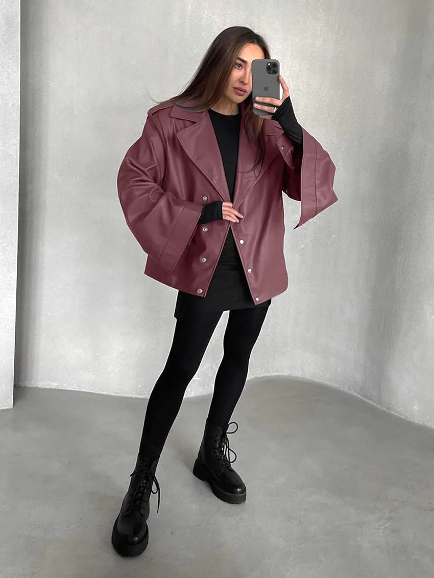 VOIKERDR Womens Oversized Faux Leather Jackets Moto Jackets Pu Leather Blazer Biker Jacket Outerwear