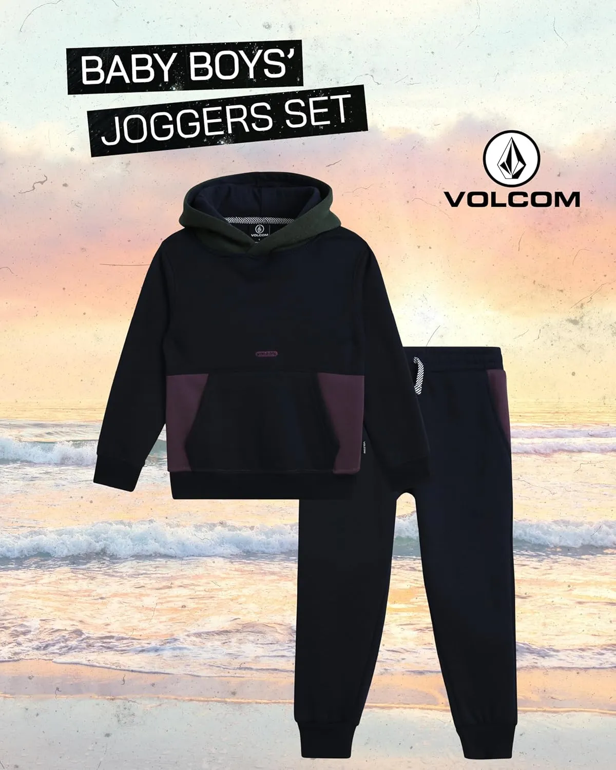 Volcom Infant Toddler Baby Boys' Joggers Set - 2 Piece Fleece Pullover Hoodie and Jogger Pants Activewear Set (Sizes: 12M-7)