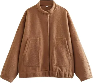 Wanzetaly Womens Oversized Wool Blend Jackets Casual Button Down Stand Collar Long Sleeve Bomber Jackets
