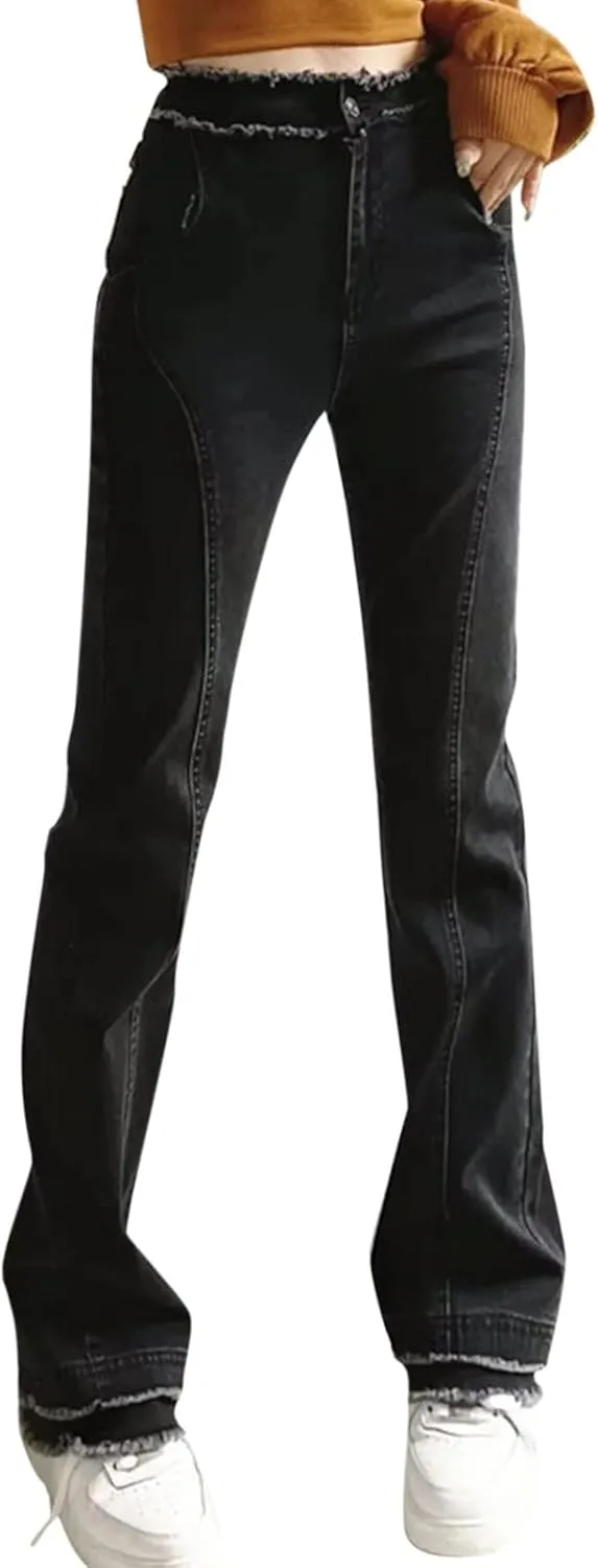 Wide Leg Jeans for Women Classic High Waisted Buttons Ripped Hem Flared Legs Stretch Denim Pants Slim Taper-Fit
