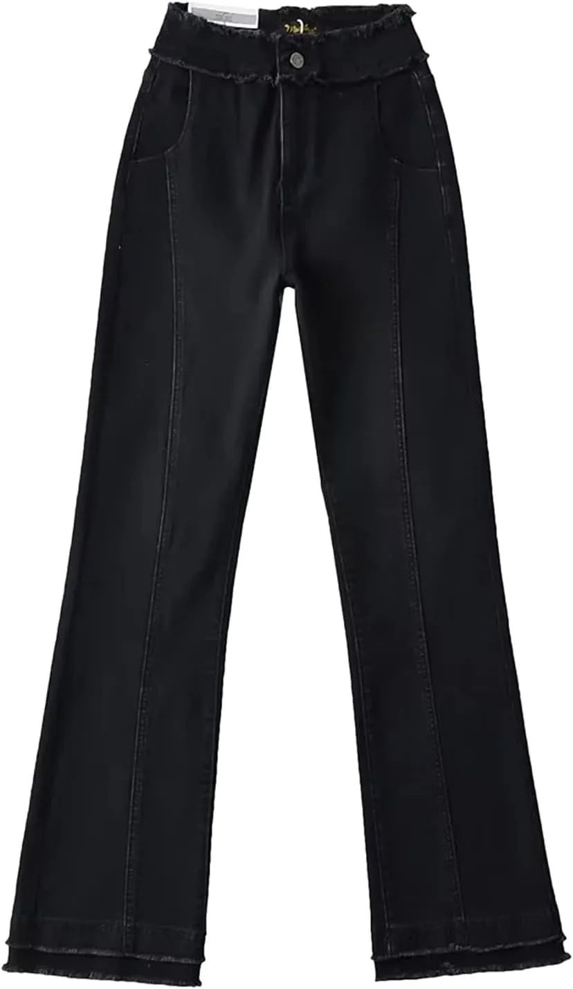 Wide Leg Jeans for Women Classic High Waisted Buttons Ripped Hem Flared Legs Stretch Denim Pants Slim Taper-Fit