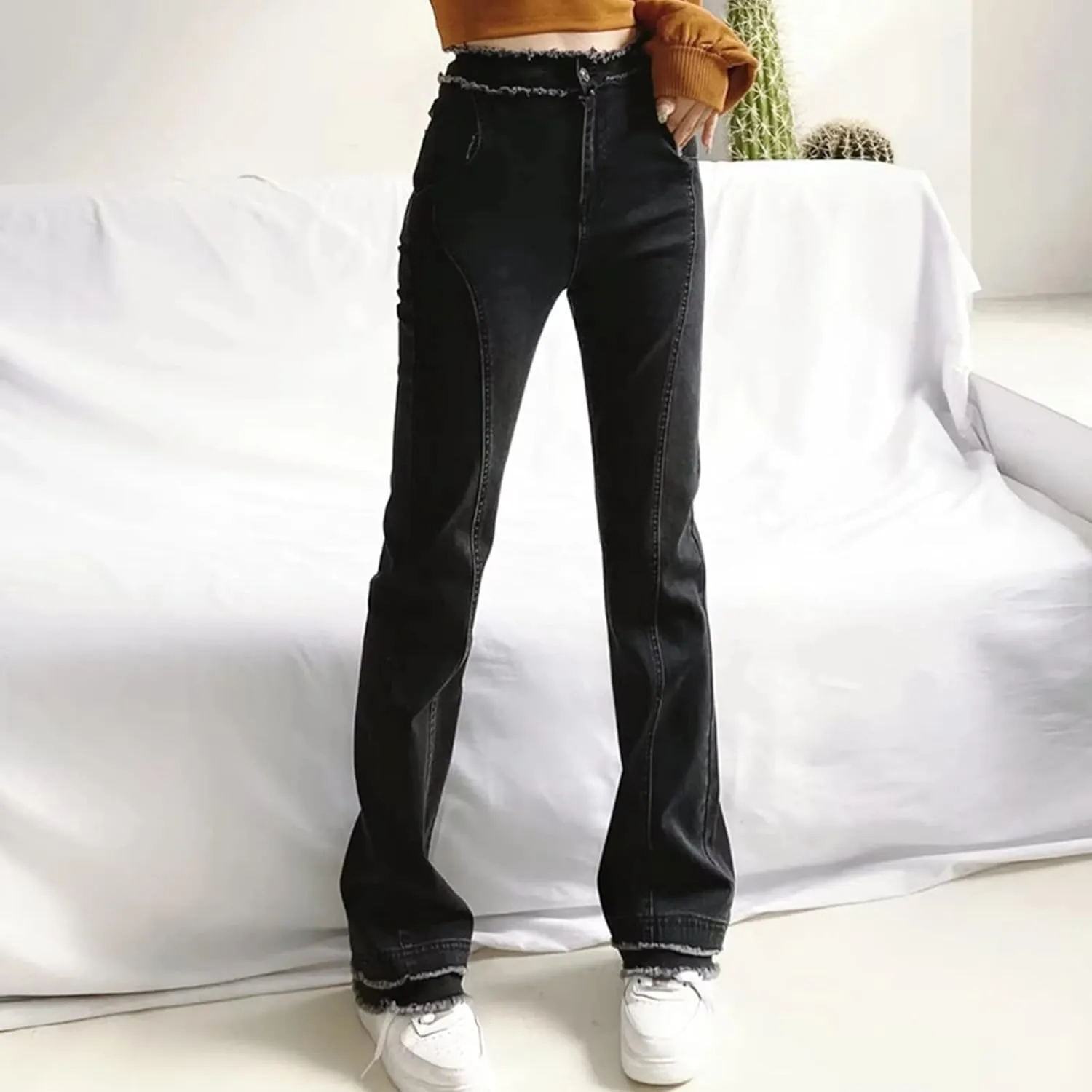 Wide Leg Jeans for Women Classic High Waisted Buttons Ripped Hem Flared Legs Stretch Denim Pants Slim Taper-Fit