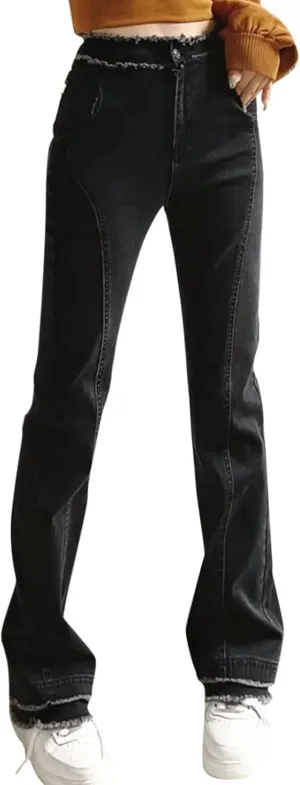 Wide Leg Jeans for Women Classic High Waisted Buttons Ripped Hem Flared Legs Stretch Denim Pants Slim Taper-Fit