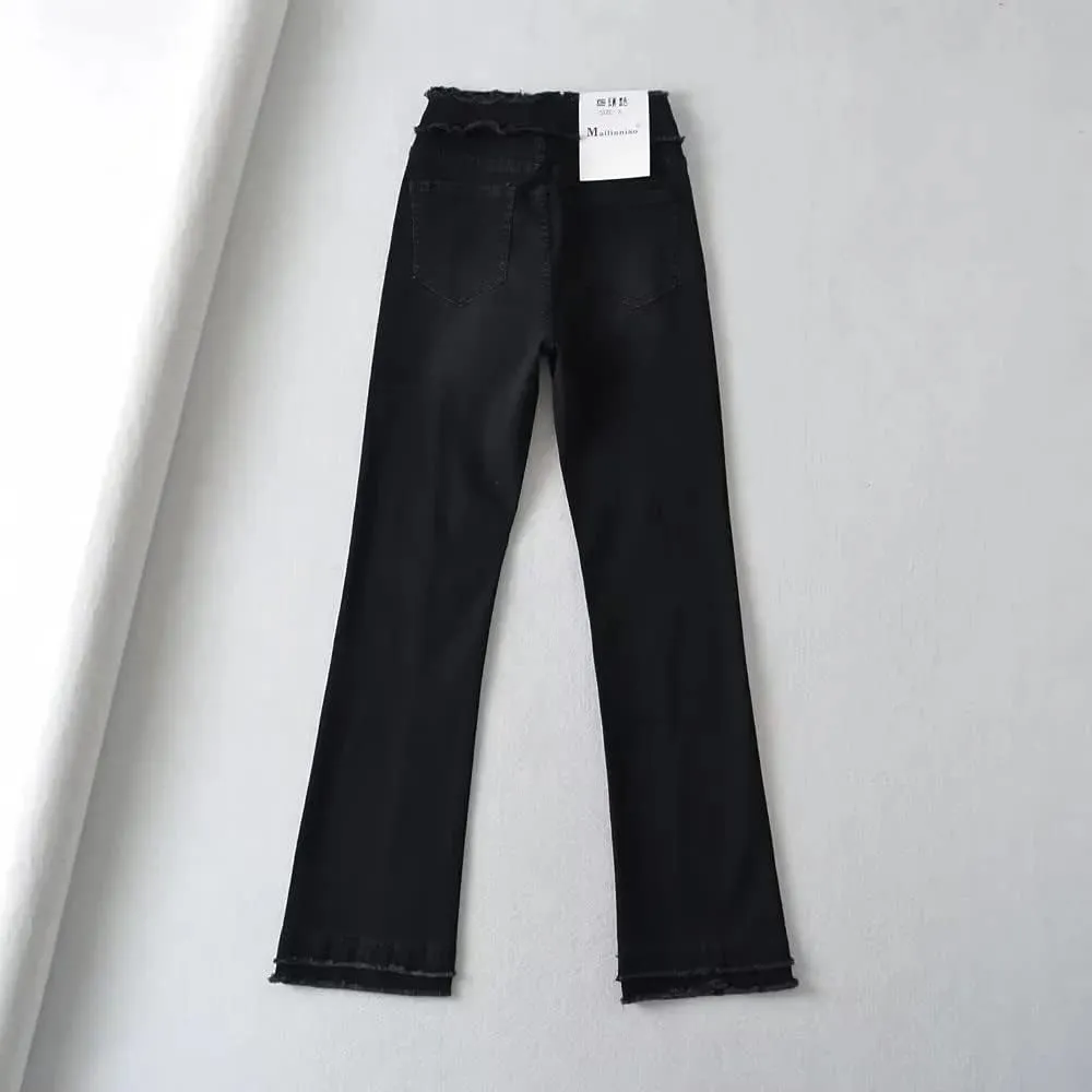 Wide Leg Jeans for Women Classic High Waisted Buttons Ripped Hem Flared Legs Stretch Denim Pants Slim Taper-Fit