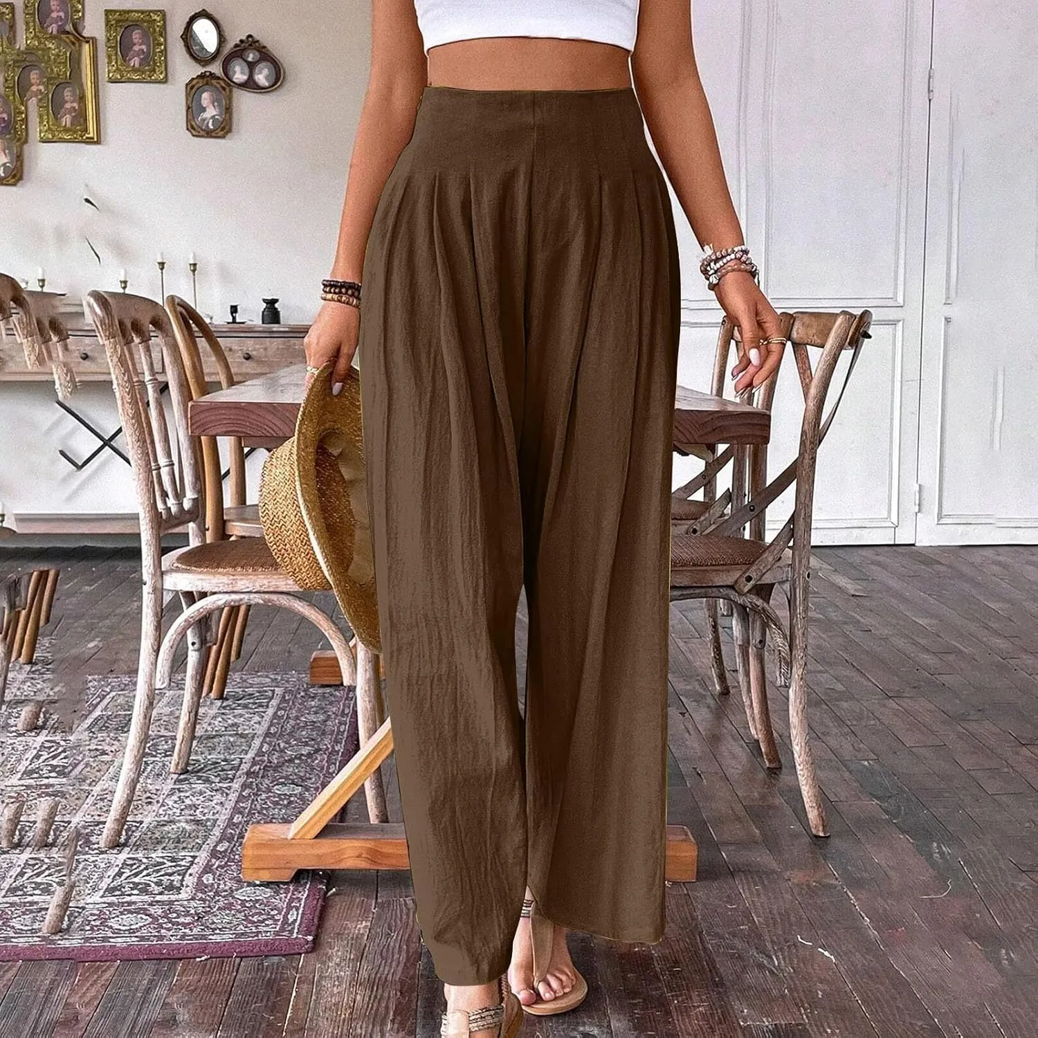 Wide Leg Pants for Women Summer Casual Palazzo Pant Trendy Elastic High Waisted Pants Flowy Loose Boho Pant, Small
