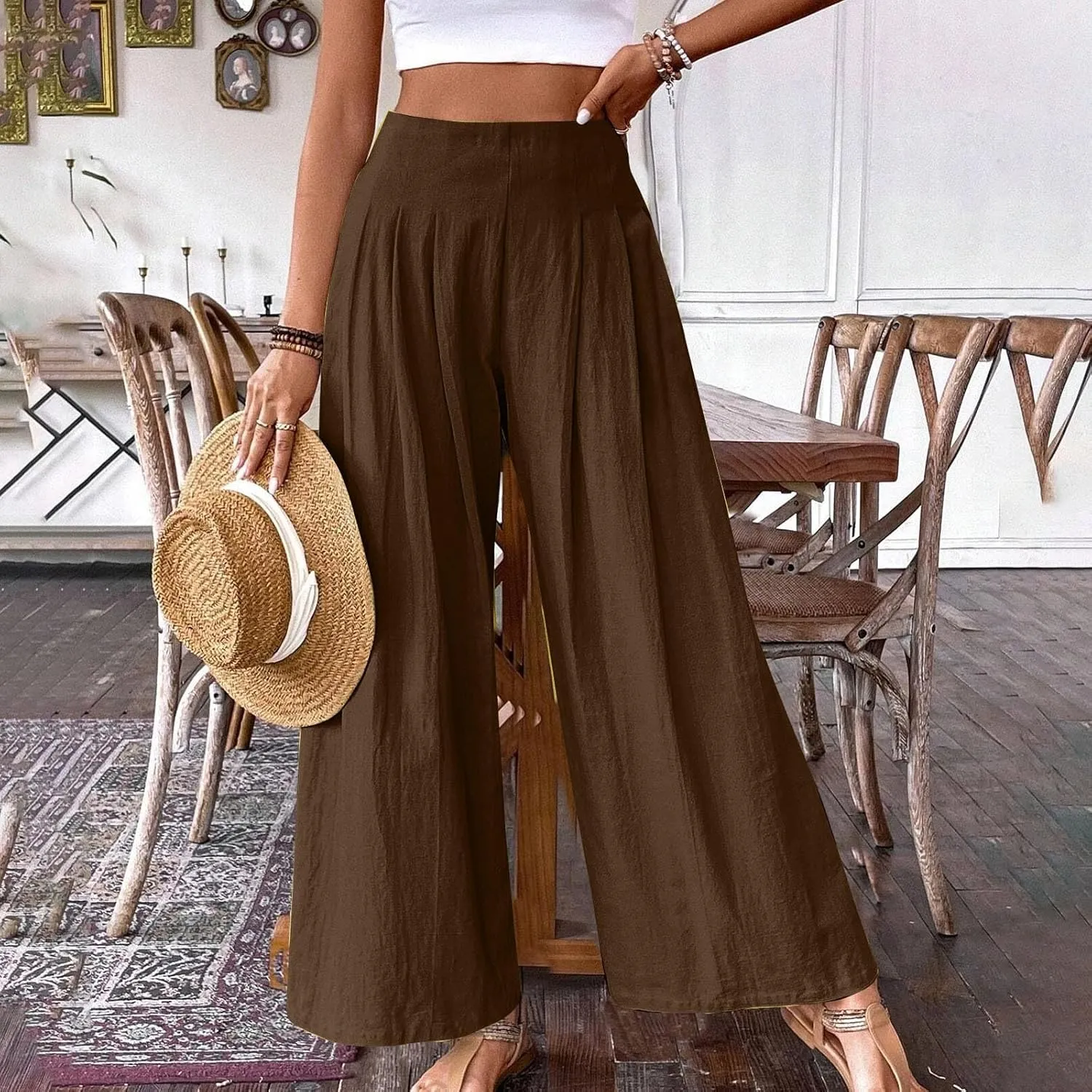 Wide Leg Pants for Women Summer Casual Palazzo Pant Trendy Elastic High Waisted Pants Flowy Loose Boho Pant, Small