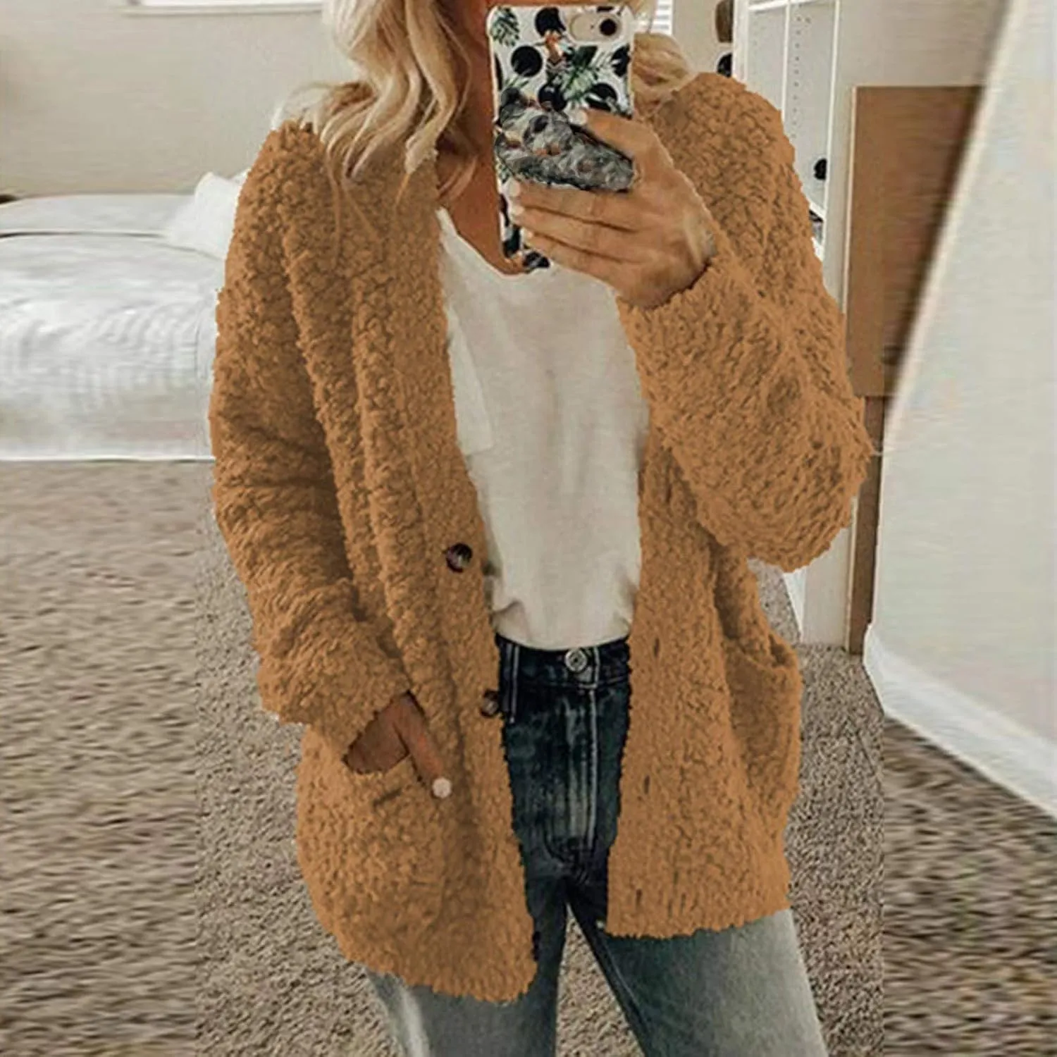 Winter Coat for Women 2024 Soft Fleece Jacket Fuzzy Sherpa Cardigan Open Front Fleece Button Down Warm Casual Sweater