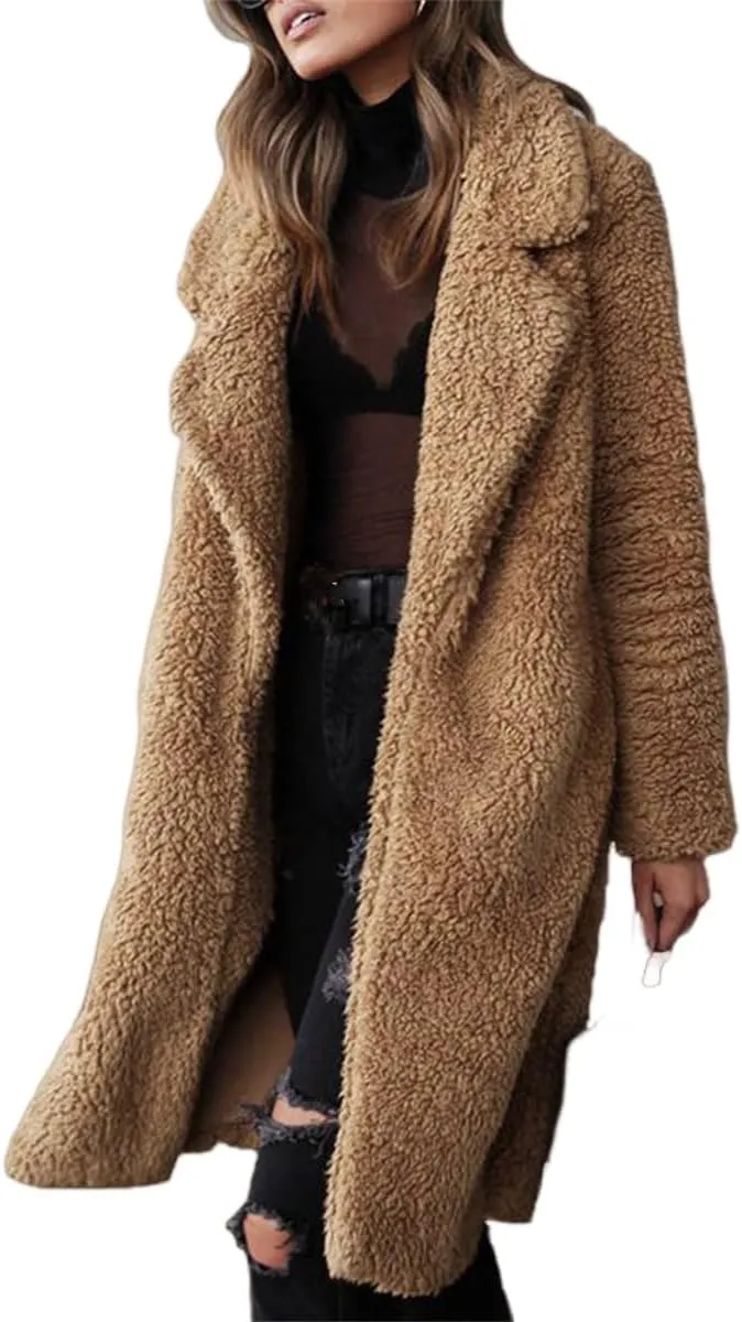 Winter Coats for Women Fuzzy Fleece Long Shacket Jackets Oversized Fashion Lapel Open Front Cardigan Warm Outwear