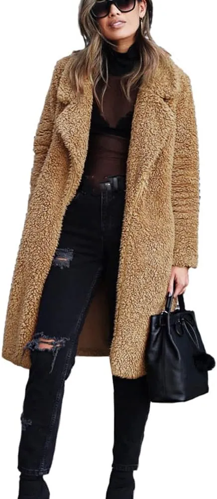 Winter Coats for Women Fuzzy Fleece Long Shacket Jackets Oversized Fashion Lapel Open Front Cardigan Warm Outwear