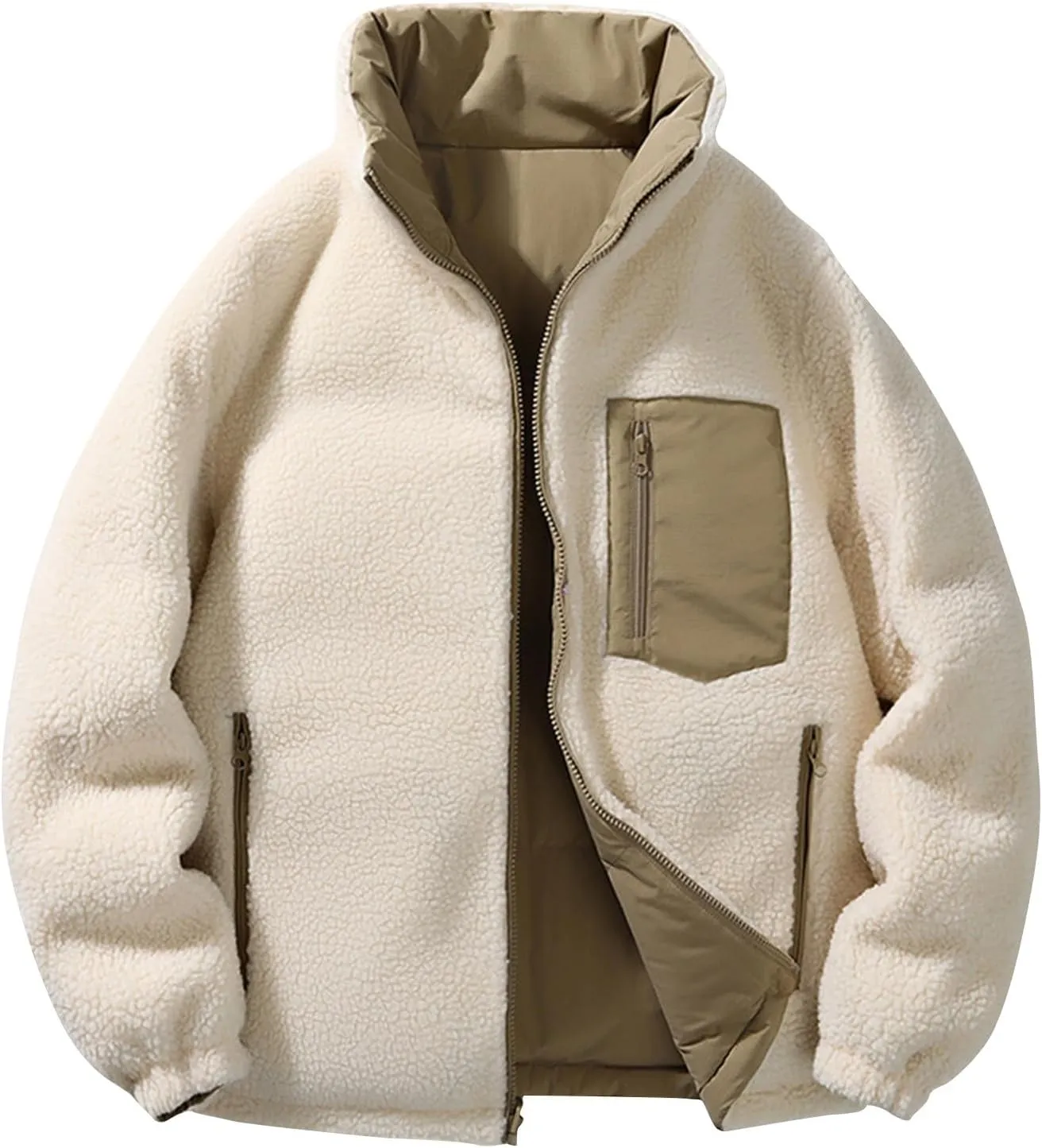 Winter Fleece Lined Coats for Men Casual Long Sleeve Color Block Jackets Fashion Zip Up Outerwear with Pockets