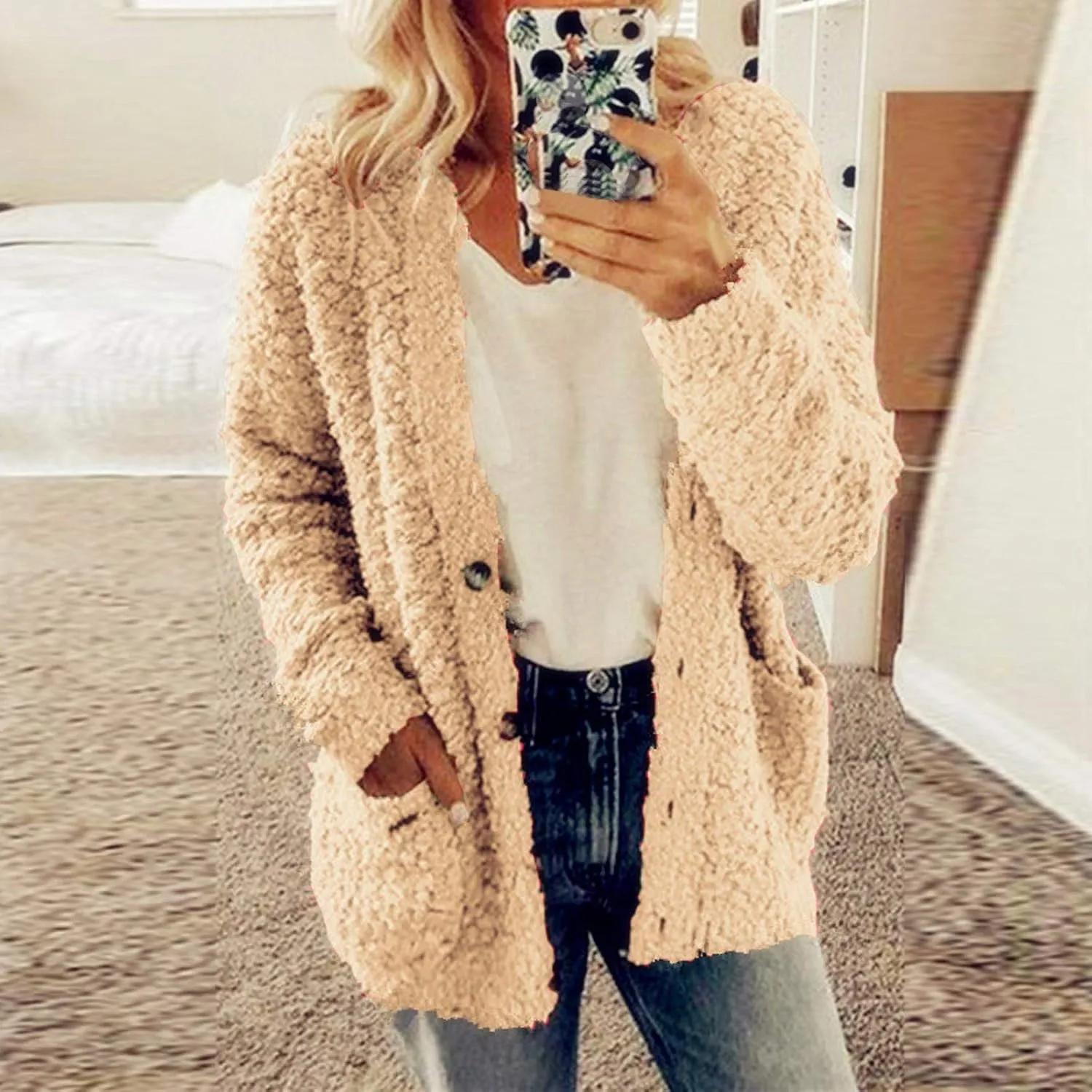Winter Jackets for Women 2024 Fuzzy Fleece Warm Open Front Cardigans Jacket Casual Button Down Long Sleeve Lightweight Coats