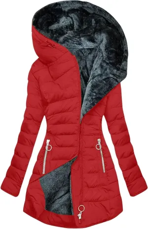Winter Warm Fleece Lined Jackets for Women Padded Wadded Down Puffer Coats Plush Zip Up Hooded Outerwear