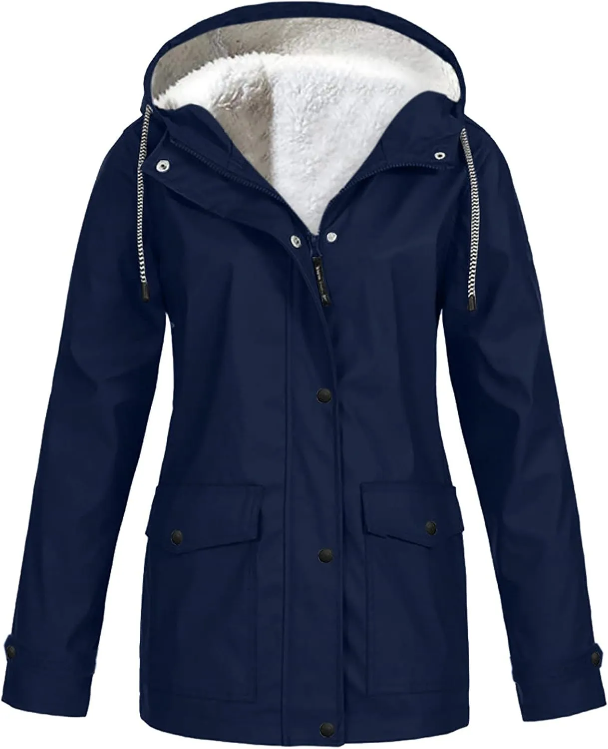 Wkishenl Rain Jacket for Women Softshell Warm Fleece Lined Fall Winter Coats Hooded Waterproof Windbreaker Trench Coat