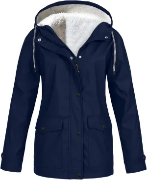 Wkishenl Rain Jacket for Women Softshell Warm Fleece Lined Fall Winter Coats Hooded Waterproof Windbreaker Trench Coat