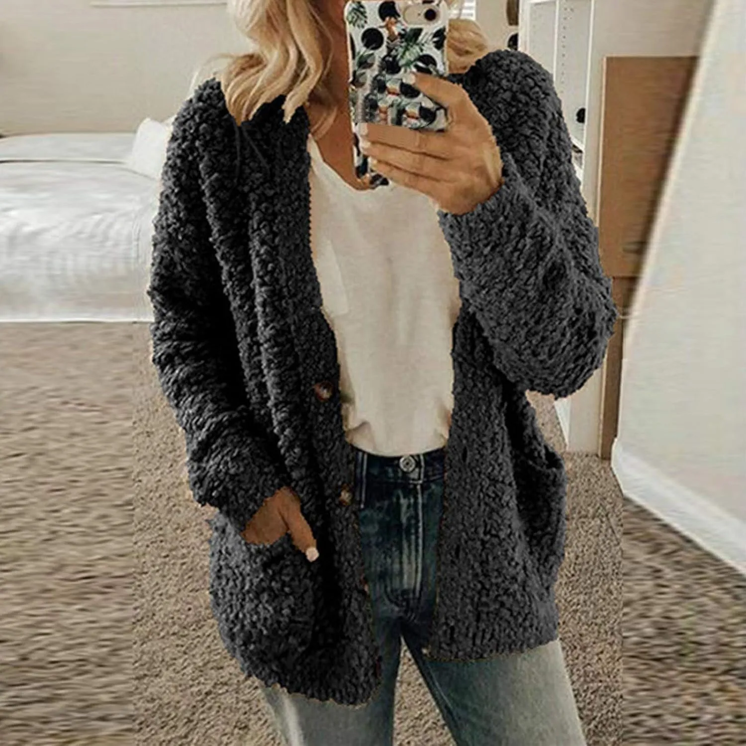 Women 2024 Winter Faux Fur Crop Coat Lapel Long Sleeve Fuzzy Fleece Outerwear Button Down Sherpa Jackets Fall Outfits