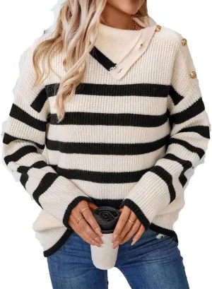 Women Autumn Winter Colorblock Pullover Sweaters Turtleneck Striped Oversized Knitwear Tops 2024 Trendy Outfits