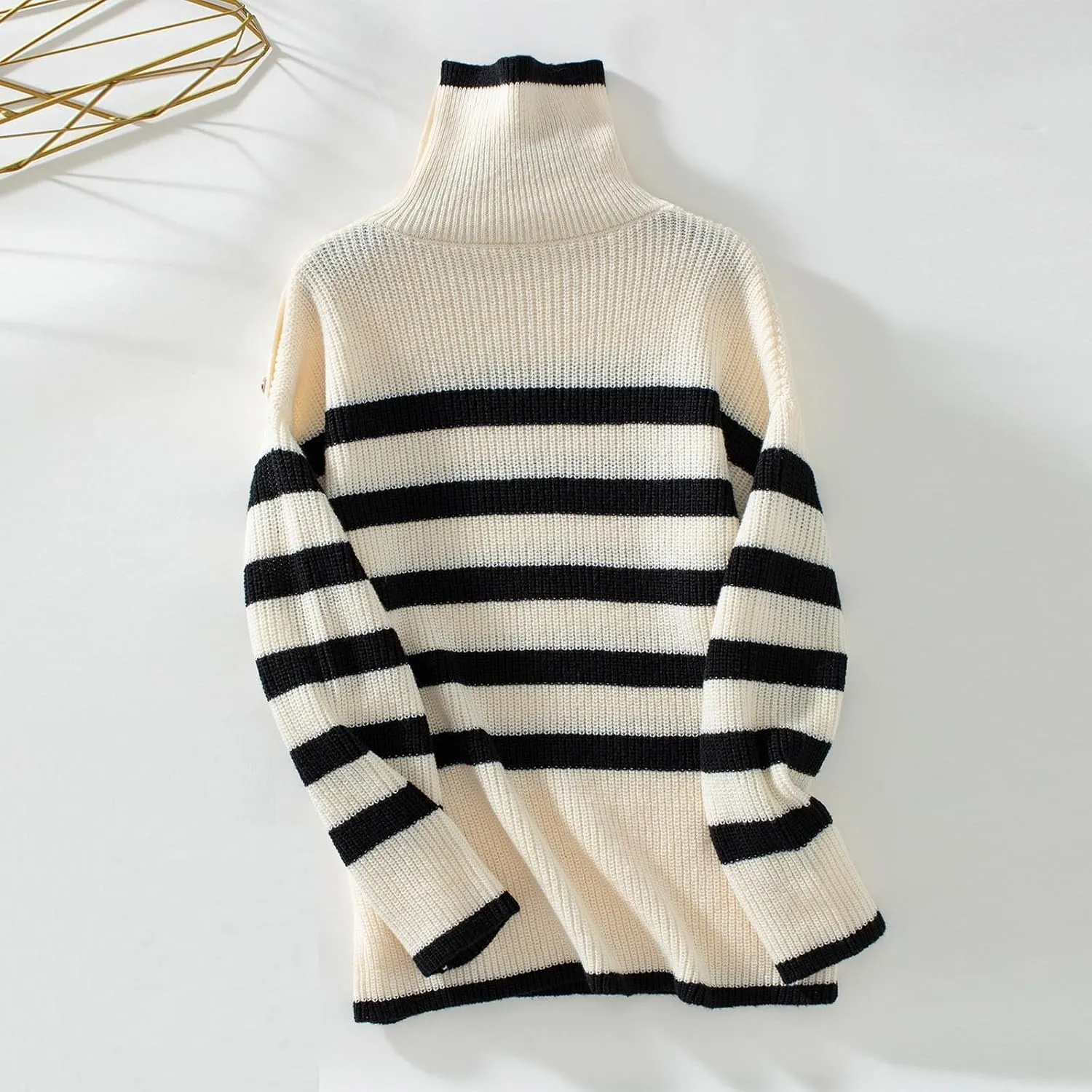 Women Autumn Winter Colorblock Pullover Sweaters Turtleneck Striped Oversized Knitwear Tops 2024 Trendy Outfits