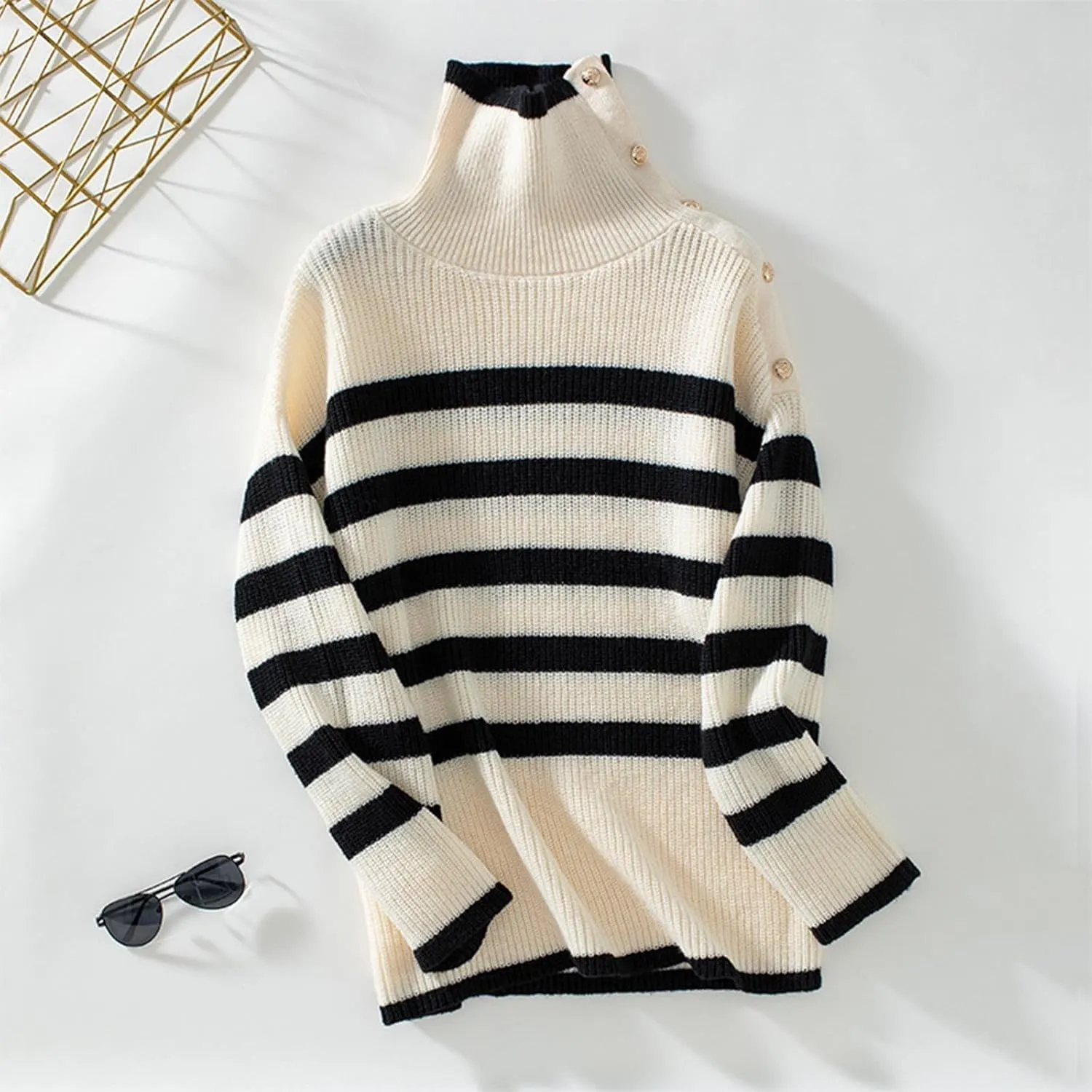 Women Autumn Winter Colorblock Pullover Sweaters Turtleneck Striped Oversized Knitwear Tops 2024 Trendy Outfits