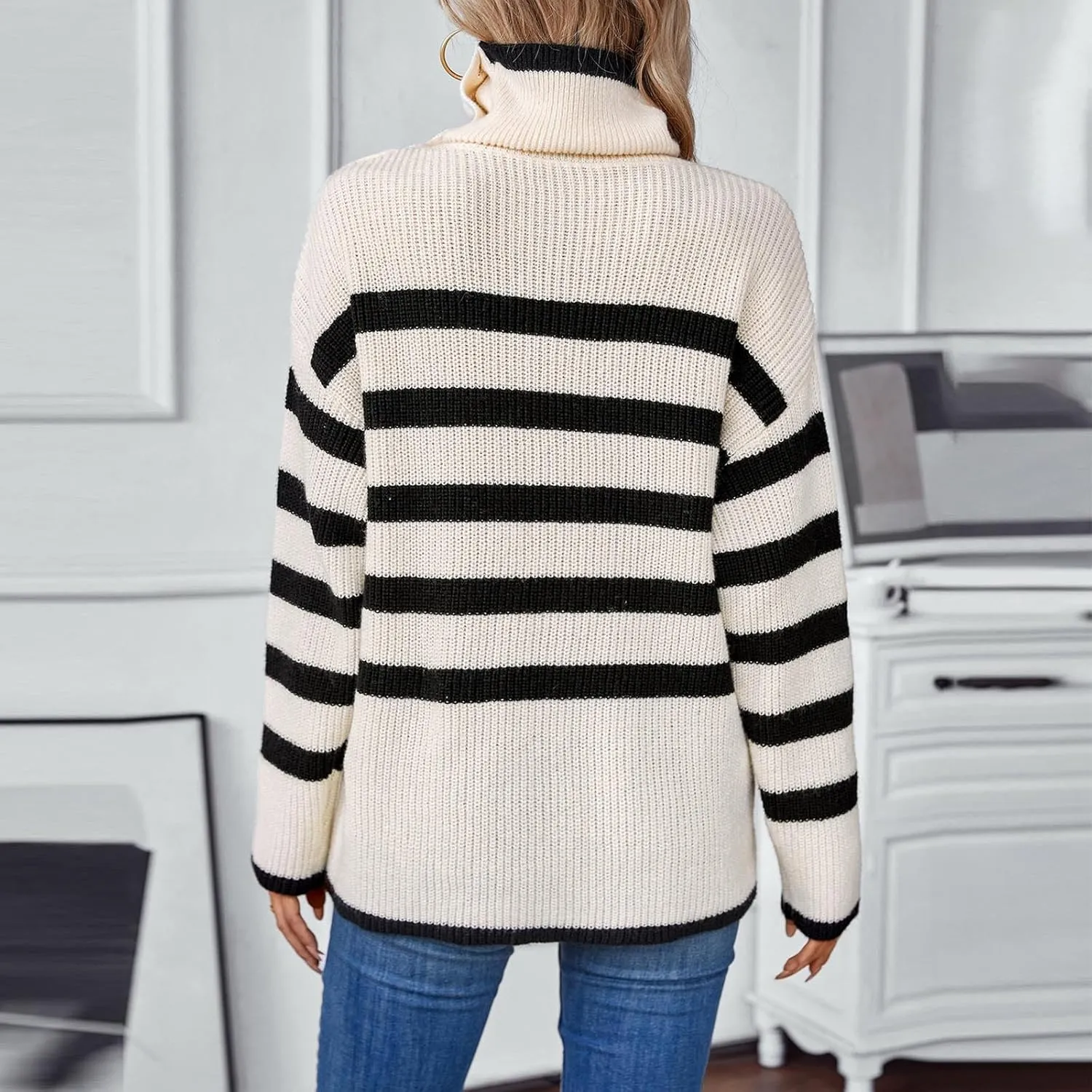 Women Autumn Winter Colorblock Pullover Sweaters Turtleneck Striped Oversized Knitwear Tops 2024 Trendy Outfits