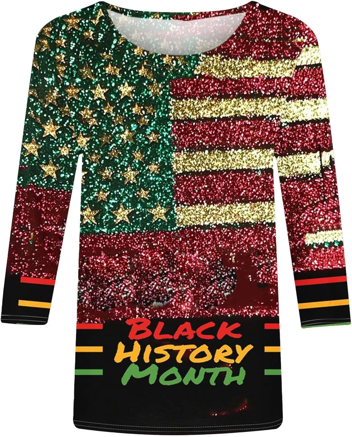 Women Black History Month Shirts African American Pride Crewneck Tunic 3/4 Length Sleeve Tops Plus Size Tees