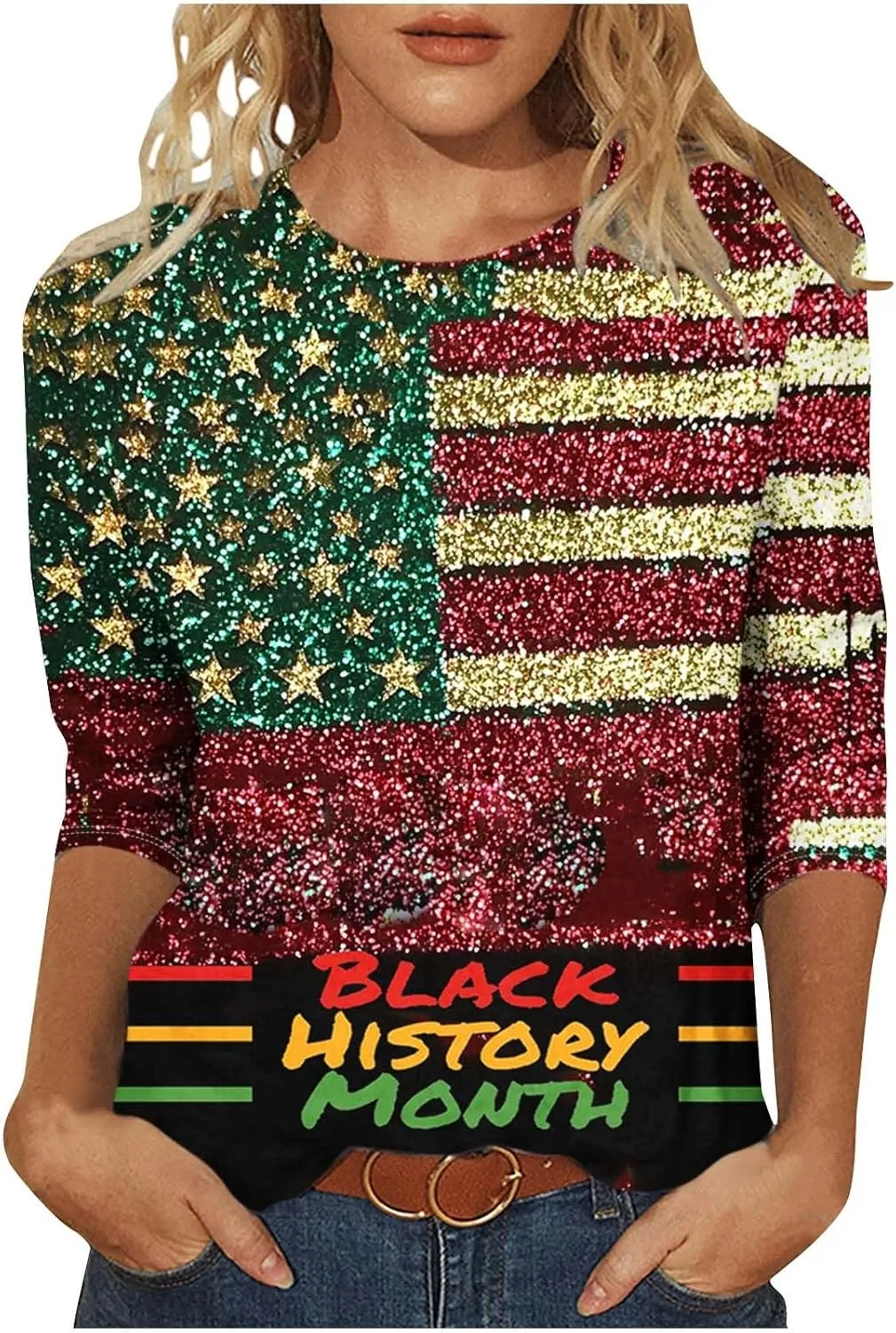 Women Black History Month Shirts African American Pride Crewneck Tunic 3/4 Length Sleeve Tops Plus Size Tees