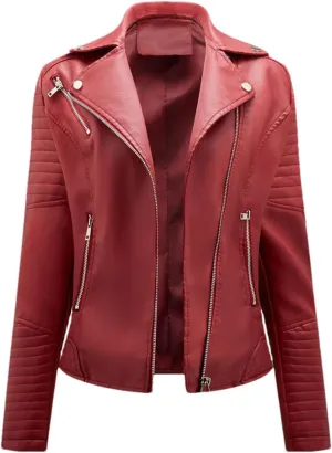 Women Faux Leather Jacket Moto Biker Zipper Jacket Spring Autumn Motorcycle Coat Red Black Yellow Brown Coat
