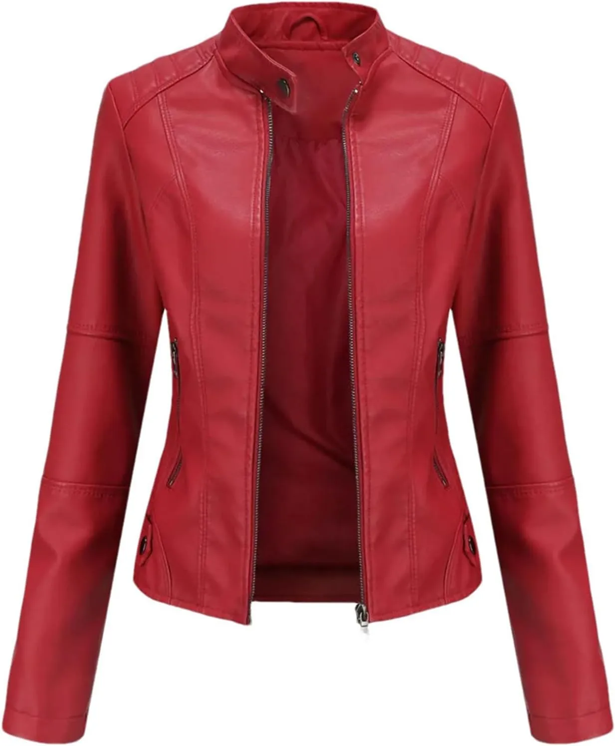 Women Faux Leather Jacket Spring Autumn Moto Biker Zipper Jacket Red Black Coat Outerwear