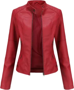 Women Faux Leather Jacket Spring Autumn Moto Biker Zipper Jacket Red Black Coat Outerwear