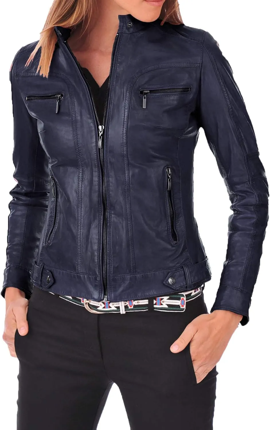 Women Leather Jacket Biker Motorcycle Genuine Lambskin Outerwear
