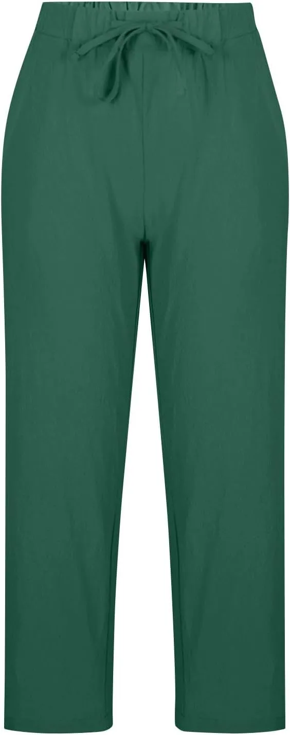 Women Linen Capri Pants Lightweight Cotton Linend Summer Pants Casual Beach Drawstring Elastic Waist Trousers