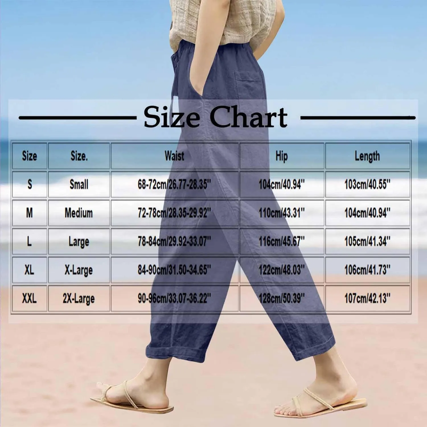 Women Linen Capri Pants Lightweight Cotton Linend Summer Pants Casual Beach Drawstring Elastic Waist Trousers